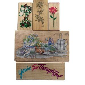 Wooden Rubber Stamps Floral Garden & Phrase Set Mixed Designs Lot
